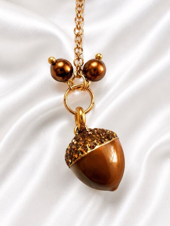Vintage Jewelry - Vintage Gold Tone Enamel Acorn Pendant Necklace Brown Crystal Adjustable 18”